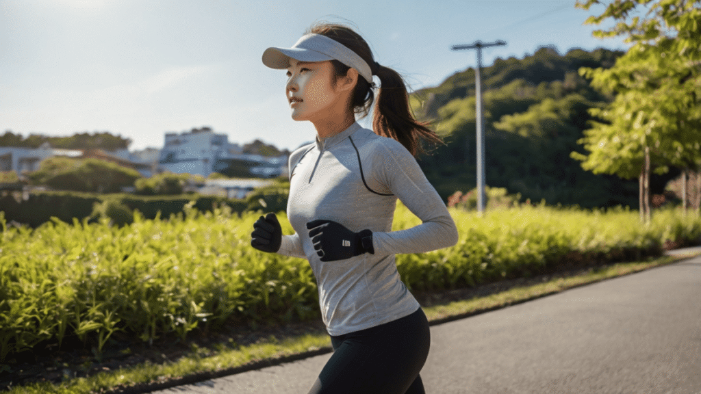 紫外線対策をしながらランニングをする女性