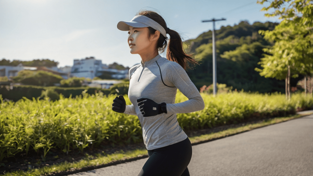 紫外線対策をしながらランニングをする女性