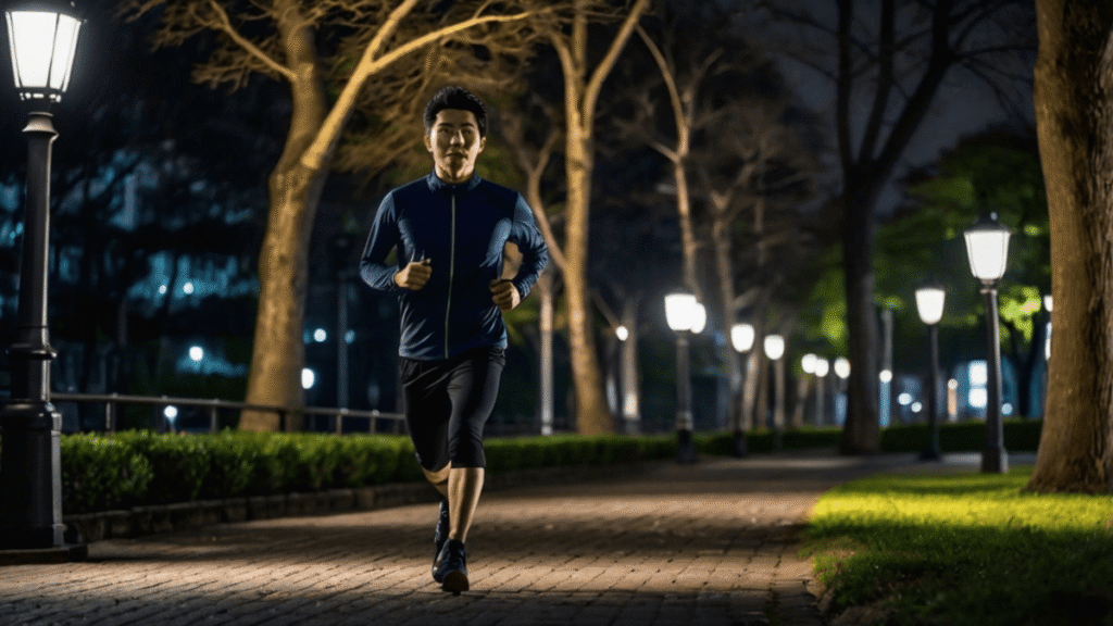 夜道を走る男性