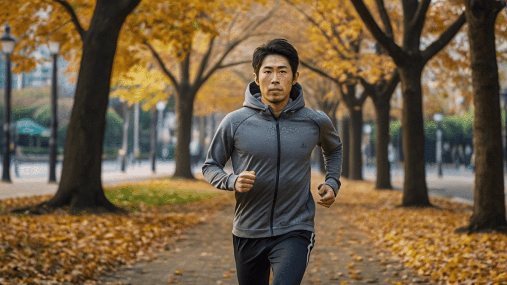 パーカーを着て走る男性