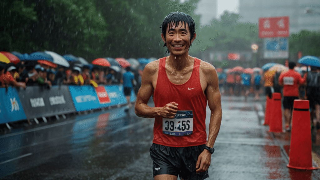 雨のマラソン大会のゴール後