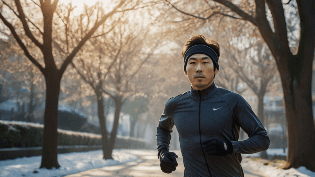 冬の道を走る男性