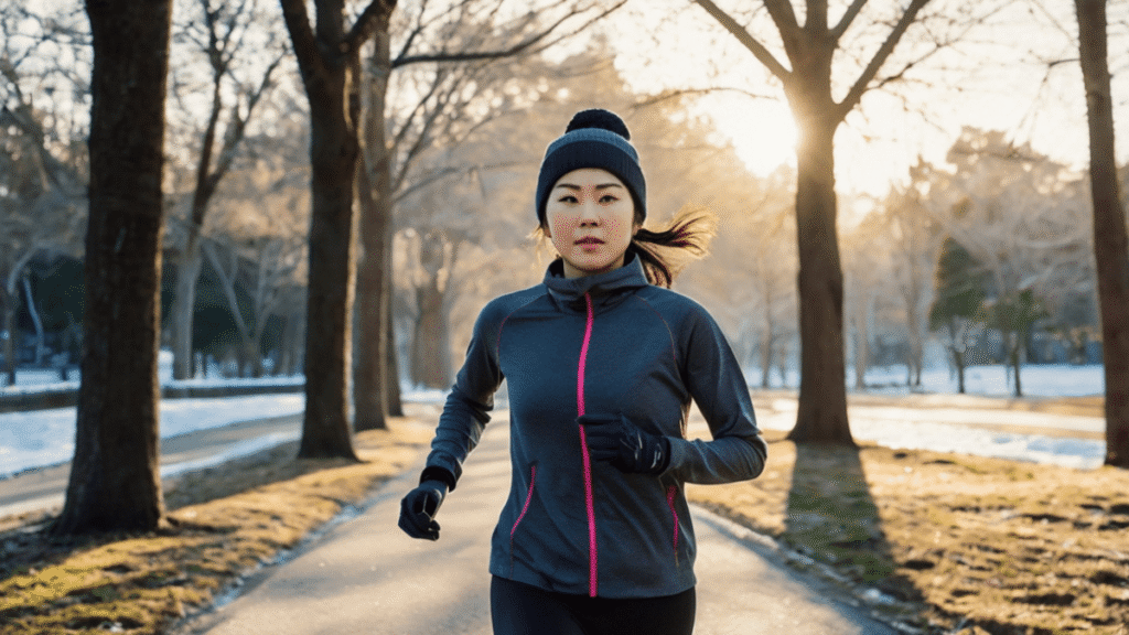 冬の道を走る女性