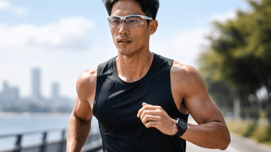 クリアサングラスで走るランナー