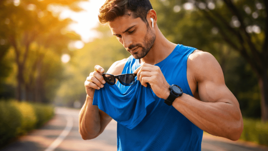 服でサングラスを拭く