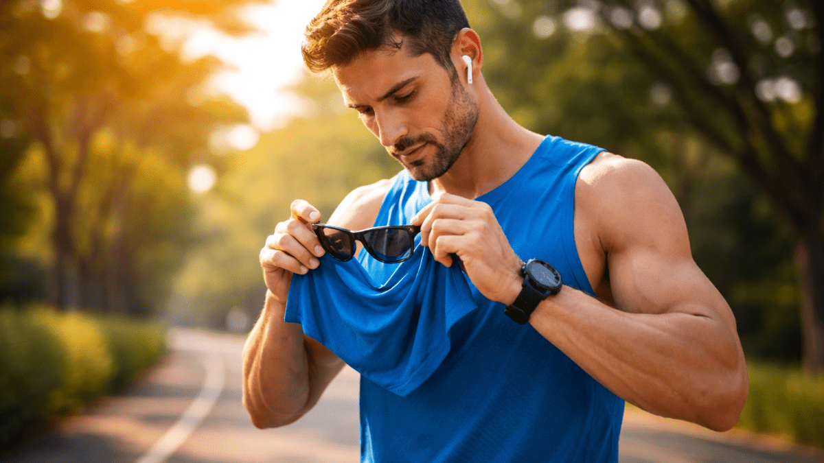 服でサングラスを拭く